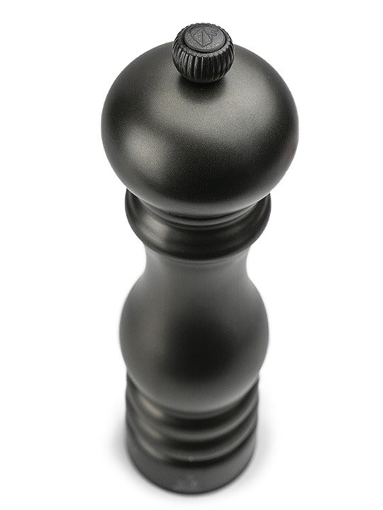 Peugeot | Paris Chef u'Select Pepper Mill, Carbon, 9 inches – A matte-black pepper grinder with a twist top for selecting precise grind settings.