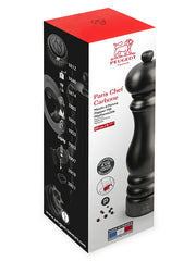 Peugeot | Paris Chef u'Select Pepper Mill, Carbon, 9 inches in retail packaging featuring iconic design, historical timeline, and patented grind system, ideal for cooking enthusiasts.