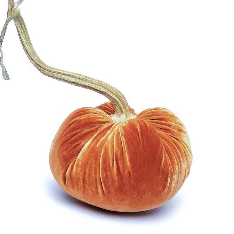 Close-up of a handcrafted Hot Skwash Silk Velvet Pumpkin in bronze, featuring a unique, naturally sourced stem, embodying luxury and elegance.