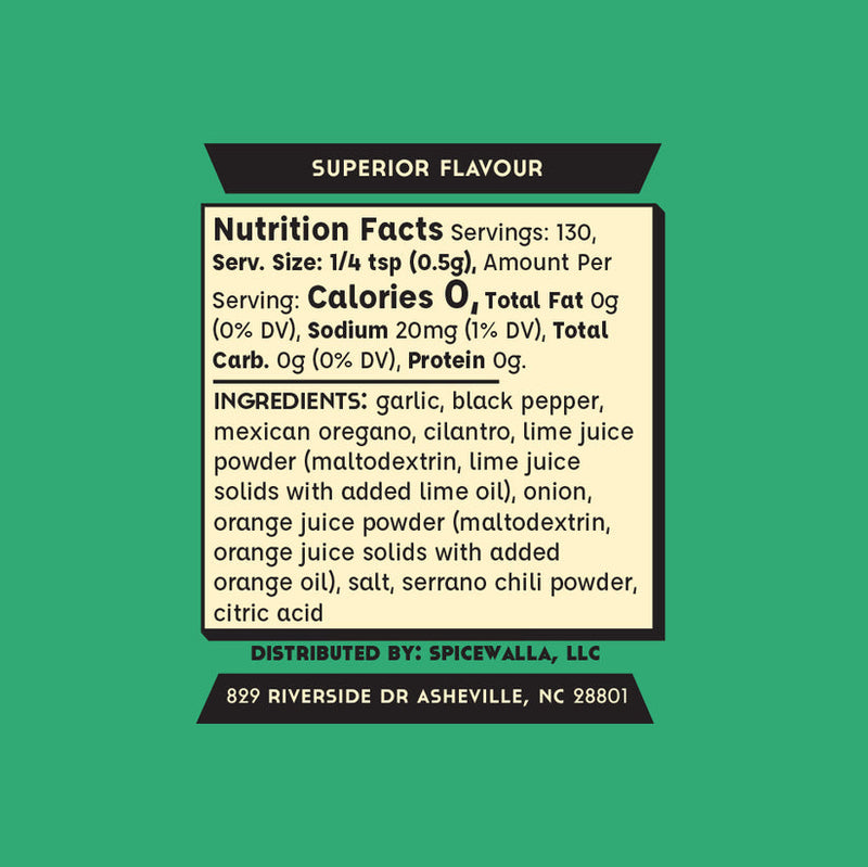 Spicewalla | Pescado Verde seasoning blend label showing nutrition facts and ingredients, highlighting garlic, citrus, and herbs for enhancing grilled fish dishes with a fresh salsa verde flavor.