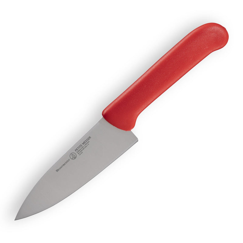 Messermeister | Petite Messer Red Chef's Knife, 5 inches, features a high-carbon stainless steel blade and vibrant red handle, ideal for precise cooking tasks.