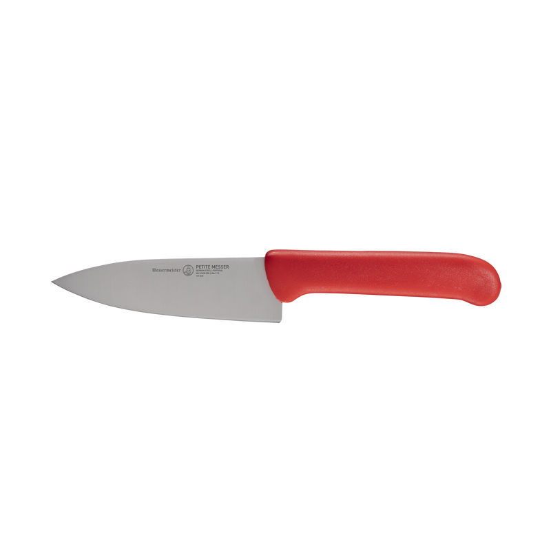 Messermeister | Petite Messer Red Chef's Knife, 5 inches, features a high-carbon stainless steel blade and ergonomic handle, blending precision and vibrant design for versatile kitchen tasks.