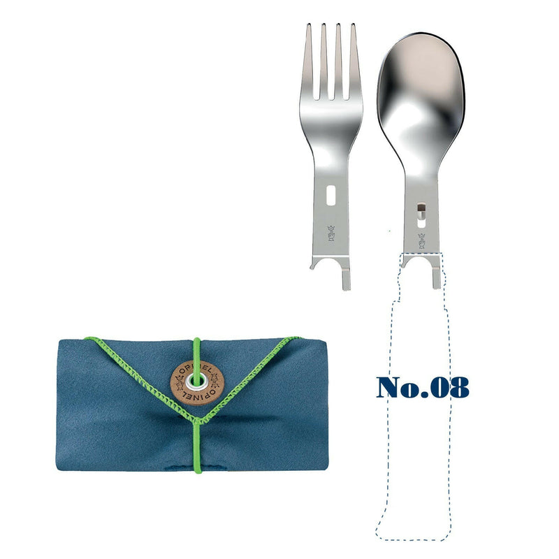 Opinel | No 8 Carbon Steel Folding Knife - Picnic Cutlery+ Set, featuring stainless-steel fork and spoon heads with roll-up pouch, adaptable to the No. 08 handle.