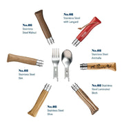 Opinel No. 08 Carbon Steel Folding Knife, featuring stainless-steel handles and interchangeable fork and spoon heads, ideal for versatile cooking and dining needs.