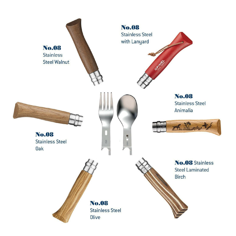 Opinel No. 08 Carbon Steel Folding Knife, featuring stainless-steel handles and interchangeable fork and spoon heads, ideal for versatile cooking and dining needs.