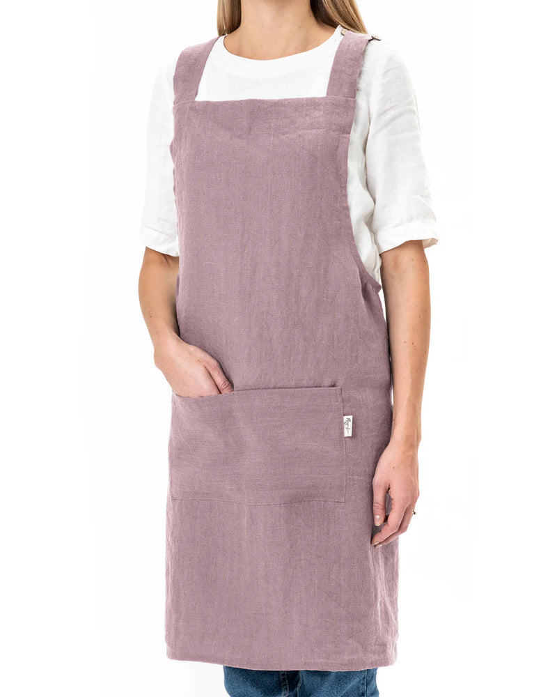MagicLinen Pinafore Cross-Back Linen Apron, L-XL, featuring a unisex design with criss-cross straps and convenient side pockets, ideal for cooking or gardening.
