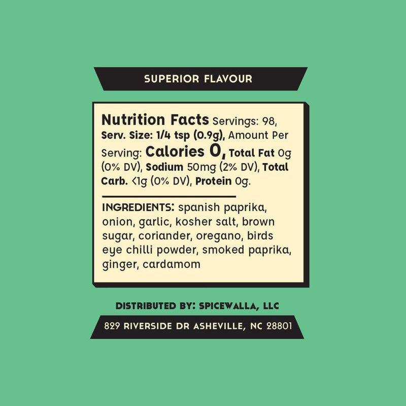 Spicewalla | Piri Piri seasoning blend label detailing nutrition facts and a flavorful Portuguese-inspired ingredient list, ideal for enhancing traditional recipes or roasted chicken.