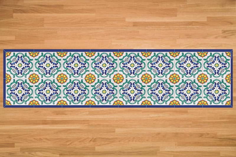 Etú HOME | Positano B Italian Vinyl Rug features a colorful, intricate pattern. Perfect for enhancing kitchen spaces with Italian-inspired, water-resistant, and anti-slip design.