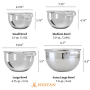 Hestan Provisions | 7qt Stainless Steel Mixing Bowl sizing chart detailing bowl dimensions and capacities, emphasizing durability and versatility for various cooking techniques.