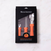 Messermeister Pumpkin Meister Carving Set: Three orange-handled tools in a black box, ideal for precise pumpkin carving with ergonomic handles and stainless steel blades.