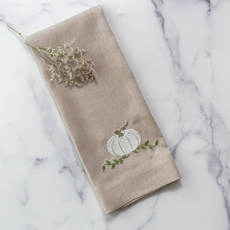 Crown Linen Designs | Pumpkin Linen Towel - Soft Flax, featuring an elegant white pumpkin embroidery, perfect for enhancing your kitchen or bathroom decor.