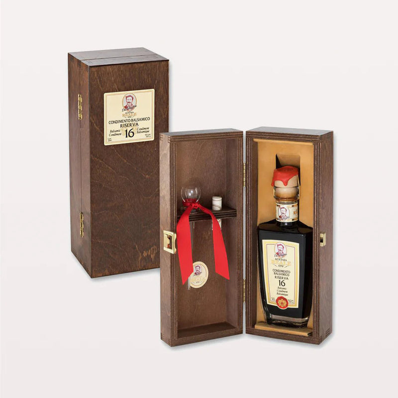 Acetaia Leonardi | 16 Year Balsamic Vinegar in a wooden box, showcasing the Leonardi family's traditional balsamic craft with a focus on aged grape must.