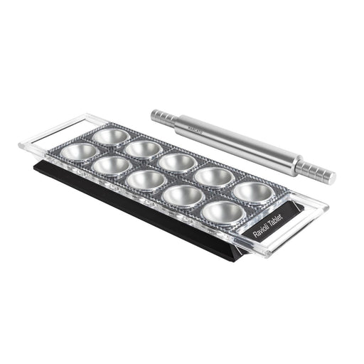 Marcato Ravioli Tablet - Green with 12 indentations and a stainless-steel rolling pin for crafting perfect ravioli at home, ideal for culinary enthusiasts.