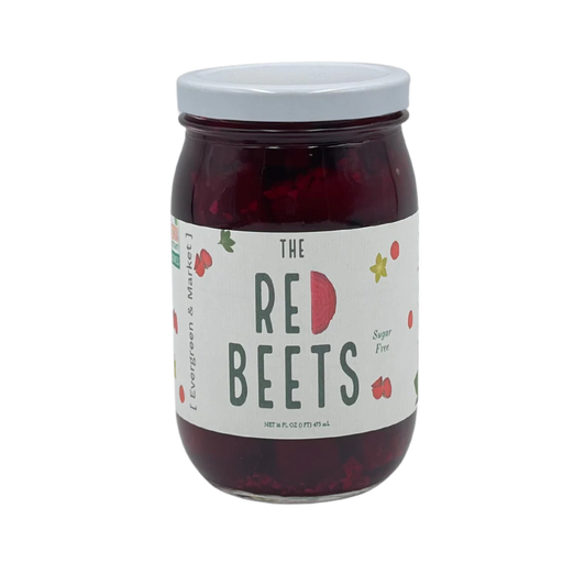 PICKLES by Evergreen & Market | The Red Beets: A 16 fl oz glass jar of sliced red beets in brine, sugar-free, from Athens Cooks.