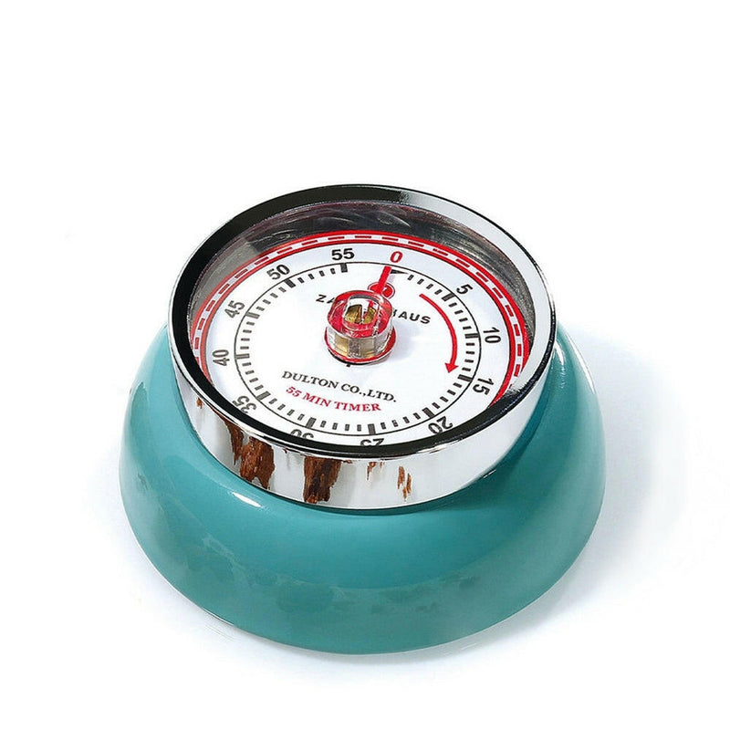 Zassenhaus Retro Kitchen Timer in white with a robust build, featuring a magnetic back, steel construction, and a 60-minute setting mechanism. Perfect for precise cooking timing.