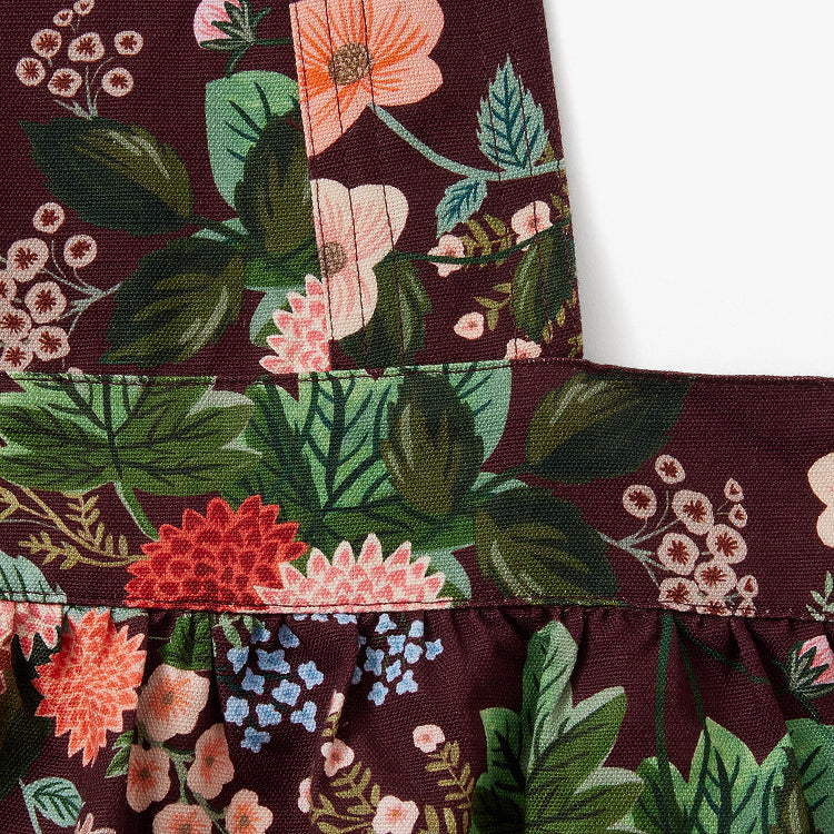 Hedley & Bennett Rifle Paper Co. Pinafore Apron, Burgundy Dahlia — fabric and construction detail