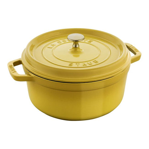 Staub | Round Cocottes - 4 qt Citron, a durable cast iron pot with a self-basting lid, ideal for slow-cooking and serving at Athens Cooks.