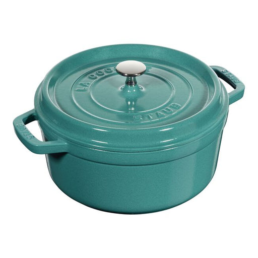 Staub | Round Cocottes - 4 qt Turquoise: A durable, cast iron pot ideal for slow-cooking and braising, featuring a self-basting lid for flavorful results.