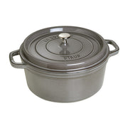 Staub | Round Cocottes - 7 qt Graphite: Cast iron pot with a matte black enamel interior, ideal for slow-cooking and braising, featuring a self-basting lid for flavorful dishes.
