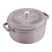 Staub | Round Cocottes - 7 qt Lilac, a durable cast iron pot ideal for slow-cooking, featuring a self-basting lid and enamel finish for elegant kitchen-to-table use.