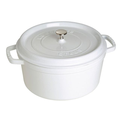 Staub | Round Cocottes - 7 qt White, cast iron pot with self-basting lid, ideal for slow-cooking, simmering stews, and perfect browning, suitable for kitchen to table use.