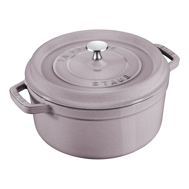 Staub | Round Cocottes - 9 qt Lilac, cast iron pot with innovative self-basting lid, ideal for slow-cooking and simmering, perfect for professional and home kitchens.