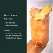Three Spirit Social Elixir cocktail recipe card featuring a tall, amber drink with ginger garnish, highlighting its mood-boosting, botanical ingredients for lively, non-alcoholic enjoyment.