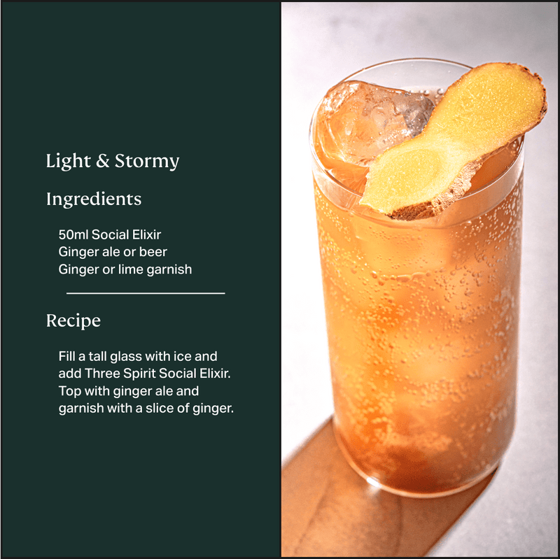 Three Spirit Social Elixir cocktail recipe card featuring a tall, amber drink with ginger garnish, highlighting its mood-boosting, botanical ingredients for lively, non-alcoholic enjoyment.