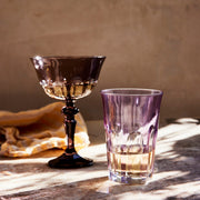 Sir|Madam Rialto Smoke coupe glass paired with a lilac tumbler on a sunlit stone surface