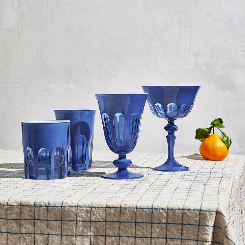Sir|Madam Rialto Duchess glassware collection styled on a linen-draped table with a clementine