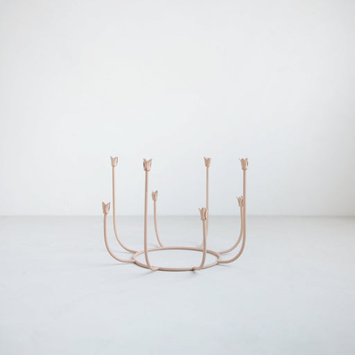 The Floral Society | Beacon Long-Stem Candelabra, Dune features eight tulip-shaped cups on slender stems, perfect for taper candles, handmade for unique charm.