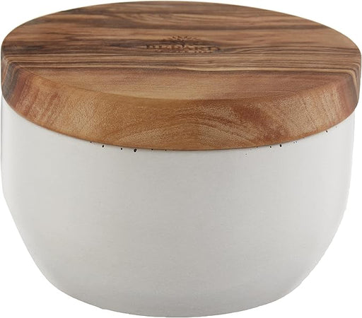 Bérard Olivewood Salt Keeper with a magnetic wooden lid, ideal for seasoning convenience and freshness, crafted from odor-resistant dense olive wood.
