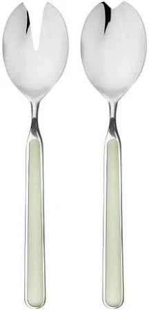 Mepra SPA | Salad Servers, Set 2 Pcs Fantasia: Salvia, featuring a stainless steel fork and spoon with light-colored handles, ideal for tossing and serving salads.