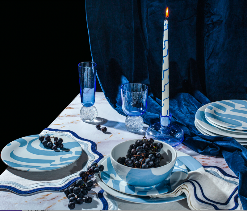 Misette | Colorblock Embroidered Linen Placemats, Blue, Set of 4
