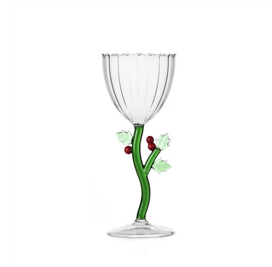 Ichendorf | Holly Wine Glass features a clear fluted bowl and a green holly branch stem with red berries, embodying festive elegance for any gathering.