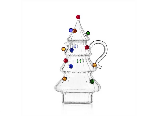 Ichendorf | Christmas Tales Coloured Balls Jug: Glass pitcher shaped like a tiered Christmas tree with colored glass ornaments, curved handle, and conical lid topped with a red ball.