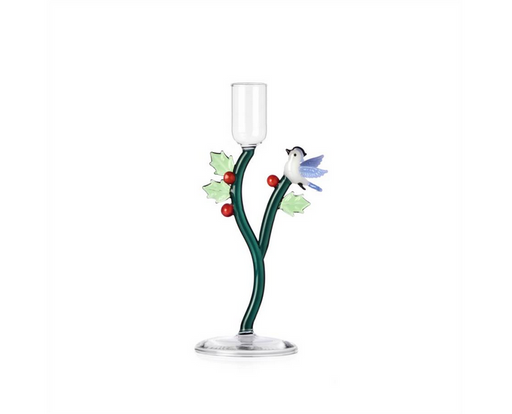 Ichendorf | Holly and Light Candle Holder: Glass candle holder mimicking holly branches with bird, perfect for adding serene ambiance to dining settings.