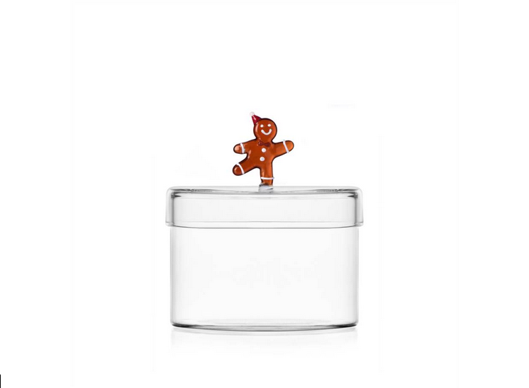 Ichendorf | Gingerbread Cookie Box: Clear glass jar with a gingerbread-man lid ornament, ideal for festive cookie storage, embodying Athens Cooks' curated kitchen elegance.