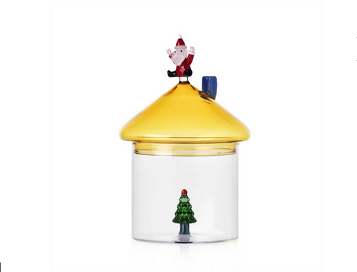 Ichendorf | Christmas Tales Box features a glass jar resembling a house with a lid shaped like a roof, showcasing Santa climbing above a tiny Christmas tree.
