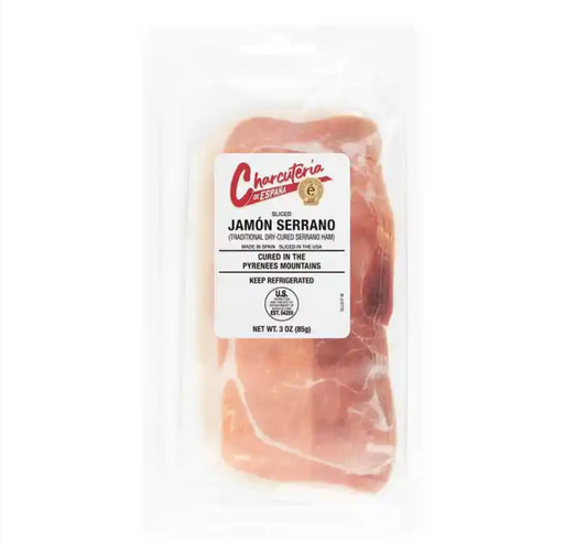 Charcuteria de Espana | Jamon Serrano, Sliced: 3-ounce tray of thinly sliced, traditional dry-cured Serrano ham, made in Spain, sliced in the USA, USDA inspected.
