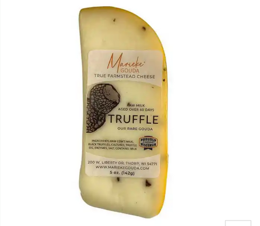 Marieke Gouda | Truffle Gouda Wedge: 5 oz, raw cow's milk cheese with black truffles, crafted in Thorp, Wisconsin. Perfect for gourmet cooking enthusiasts.