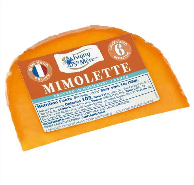 Isigny St. Mere | Mimolette Wedge: Semi-hard, fruity cheese, aged 6 months, crafted in Normandy. Contains 8g protein, 8g fat per ounce. Ingredients include pasteurized cow’s milk.