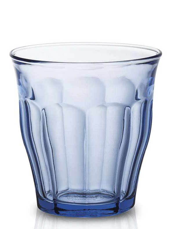 Duralex | Picardie Tumbler (Set of 6 / Marine / 10 3/8 oz) shown as a single, empty, faceted glass against a white background, highlighting its elegant design.