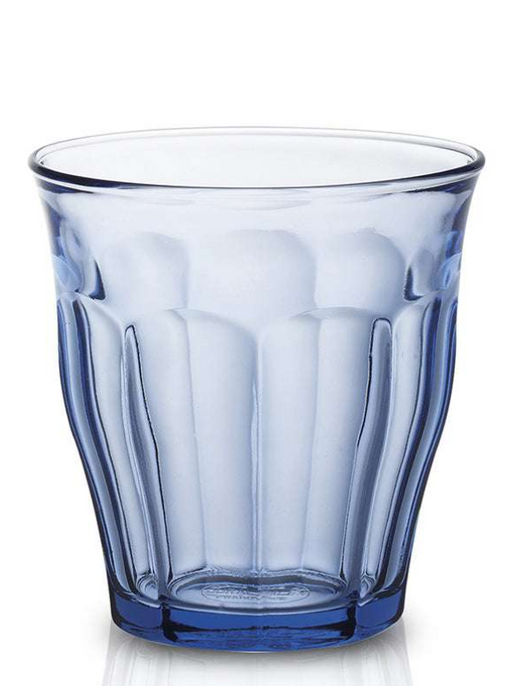 Duralex | Picardie Tumbler (Set of 6 / Marine / 10 3/8 oz) shown as a single, empty, faceted glass against a white background, highlighting its elegant design.
