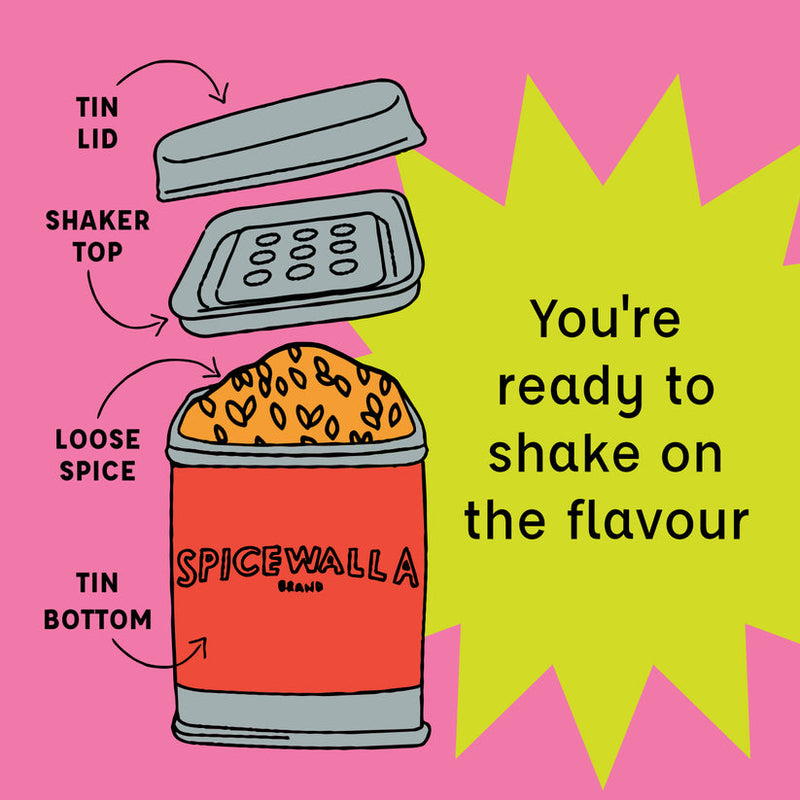 Exploded view of Spicewalla | Blackening Rub tin, showcasing lid, shaker top, red jar with loose spice, and bottom; slogan emphasizes flavor enhancement for cooking.
