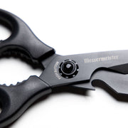 Messermeister Push Button Take-Apart Multi Shears, 9 inches, featuring titanium-coated blades, serrated grips, and a central pivot, ideal for versatile kitchen tasks.