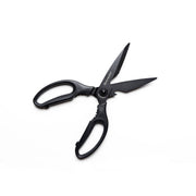 Messermeister Push Button Take-Apart Multi Shears, 9 inches, with black titanium-coated blades and textured handles, featuring a bone notch and built-in bottle opener.