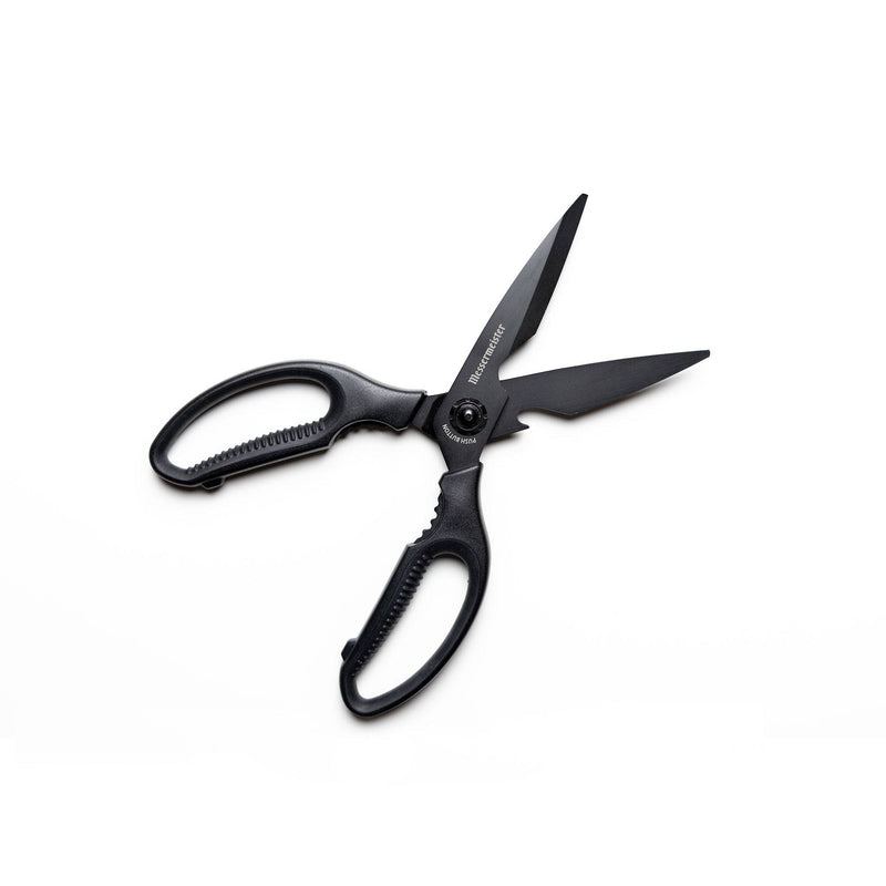 Messermeister Push Button Take-Apart Multi Shears, 9 inches, with black titanium-coated blades and textured handles, featuring a bone notch and built-in bottle opener.