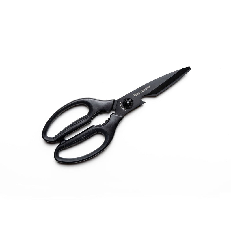 Messermeister Push Button Take-Apart Multi Shears, 9 inches, featuring textured handles, titanium-coated blades, and built-in tools for versatile kitchen tasks.