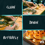 Toadfish Shrimp Cleaner in action, efficiently peeling and deveining shrimp on a cutting board, highlighting its innovative, user-friendly design for perfect seafood preparation.